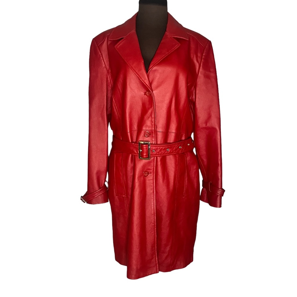 Vtg 90s Y2K Terry Lewis Cherry Red Leather Belted Trench Coat Medium